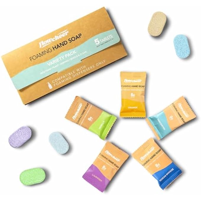 flowcheer FOAMING HAND SOAP TABLET REFILLS-5 SAMPLE PACK HAND WASH TABLETS, ZERO WASTE ECO FRIENDLY CLEANING SUPPLIES-FILLS 5 X 8 FL OZ REFILLABLE FOAM DISPENSER(40 FL OZ TOTAL) - Image 1